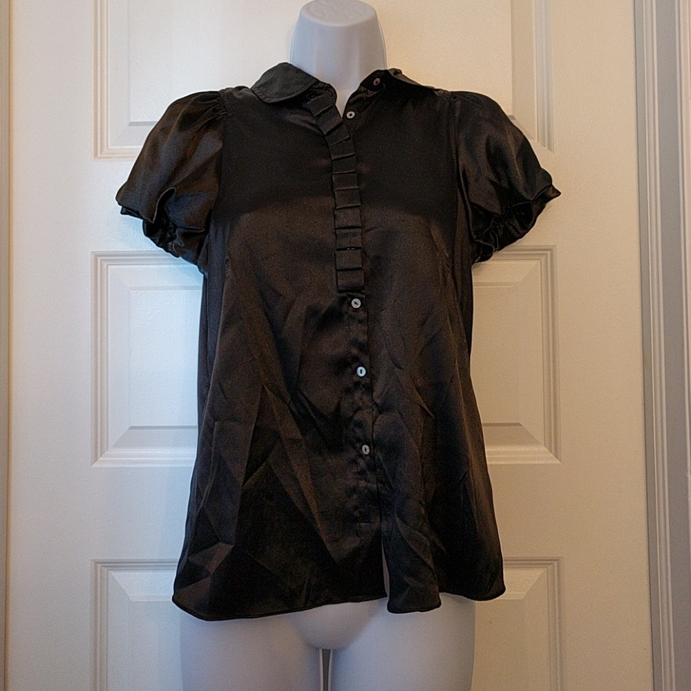 MAX STUDIO puff sleeve satin blouse button black S - Picture 2 of 3